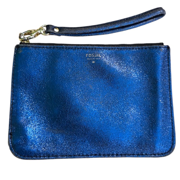 Fossil Blue Metallic Leather Cowhide Small Zip Wristlet - Picture 1 of 12